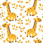 yellow, orange, brown, white, giraffes, safari animals, baby animals, leaves, flowers, botanical elements, repeating pattern, cartoon style, cheerful, playful, nursery theme,, fabric panel, children's fabric, cute animals, whimsical design