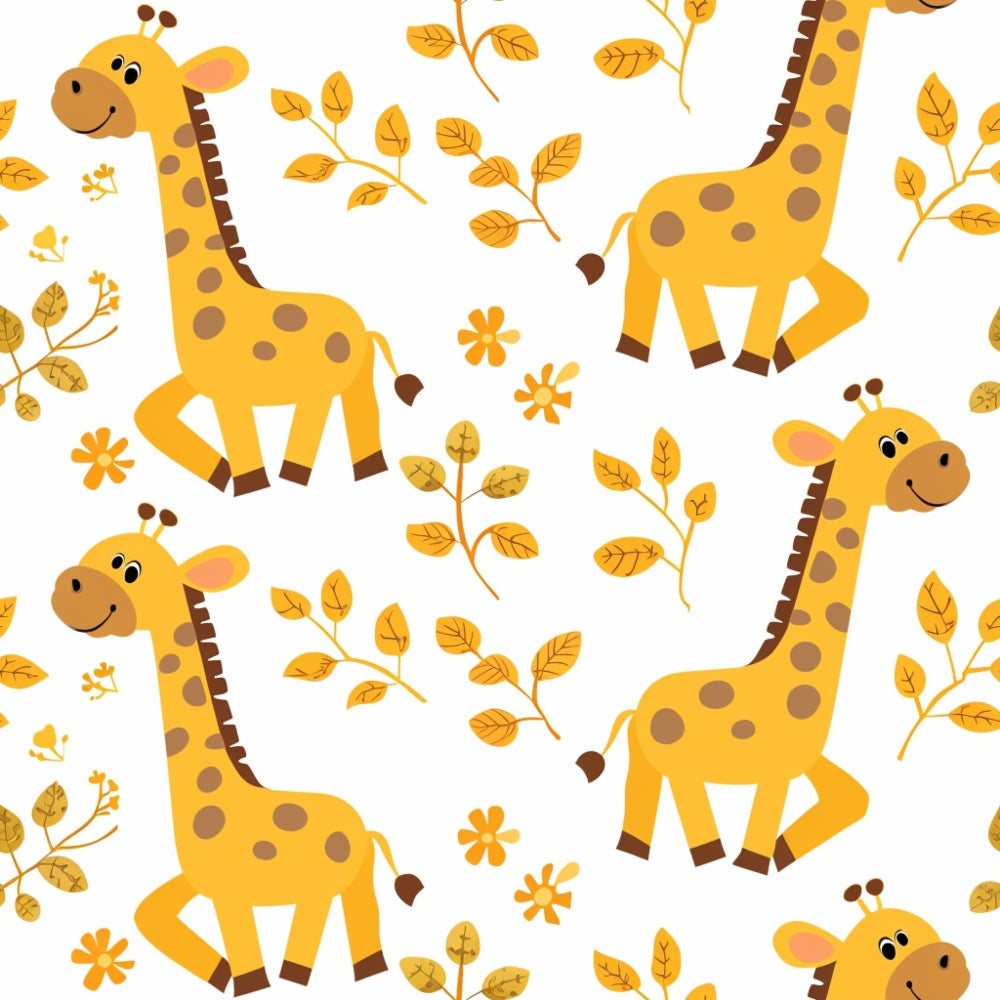 yellow, orange, brown, white, giraffes, safari animals, baby animals, leaves, flowers, botanical elements, repeating pattern, cartoon style, cheerful, playful, nursery theme,, fabric panel, children's fabric, cute animals, whimsical design