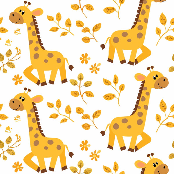 yellow, orange, brown, white, giraffes, safari animals, baby animals, leaves, flowers, botanical elements, repeating pattern, cartoon style, cheerful, playful, nursery theme,, fabric panel, children's fabric, cute animals, whimsical design