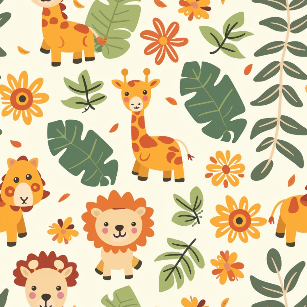 baby safari, cute animals, giraffe, lion, tropical leaves, orange flowers, yellow giraffe, green foliage, botanical elements,, fabric panel, nursery theme, safari pattern, warm colors, children's fabric, cartoon style, playful design, jungle leaves, floral accents, cream background