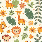 baby safari, cute animals, giraffe, lion, tropical leaves, orange flowers, yellow giraffe, green foliage, botanical elements,, fabric panel, nursery theme, safari pattern, warm colors, children's fabric, cartoon style, playful design, jungle leaves, floral accents, cream background