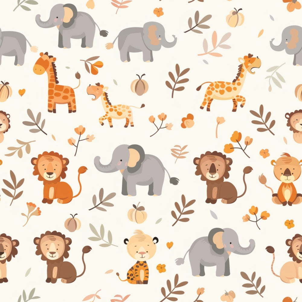 baby safari animals,, fabric panel, elephants, giraffes, lions, tigers, autumn colors, orange, brown, gray, cream, botanical elements, leaves, flowers, cute cartoon style, nursery theme, wildlife pattern, scattered design, warm earth tones