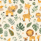 baby animals, safari theme, jungle pattern, giraffe, lion, elephant, tropical leaves, monstera leaves, palm fronds, yellow, orange, green, brown, beige, cream background, cute cartoon style, nursery fabric,, seamless pattern, children's fabric, animal friends, botanical elements, playful design, soft colors