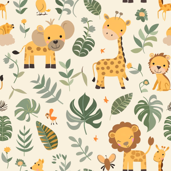 baby animals, safari theme, jungle pattern, giraffe, lion, elephant, tropical leaves, monstera leaves, palm fronds, yellow, orange, green, brown, beige, cream background, cute cartoon style, nursery fabric,, seamless pattern, children's fabric, animal friends, botanical elements, playful design, soft colors