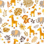 baby animals, safari theme, giraffes, elephants, monkeys, tropical leaves, orange, yellow, brown, beige, gray, cute illustrations, nursery pattern, jungle motif, palm leaves, playful design,, children's fabric, whimsical style, scattered pattern