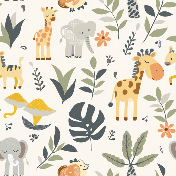 baby safari animals,, fabric panel, giraffe, elephant, jungle leaves, botanical elements, cream background, orange accents, yellow tones, green foliage, gray animals, playful design, nursery theme, tropical plants, monstera leaves, flowers, cute cartoon style, safari pattern, baby animals