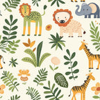 baby safari, jungle animals, lion, elephant, giraffe, tropical plants, palm leaves, botanical elements, cream background, green foliage, orange accents, yellow tones, cute cartoon style, nursery theme,, fabric panel, seamless pattern, children's fabric, safari adventure, tropical flora