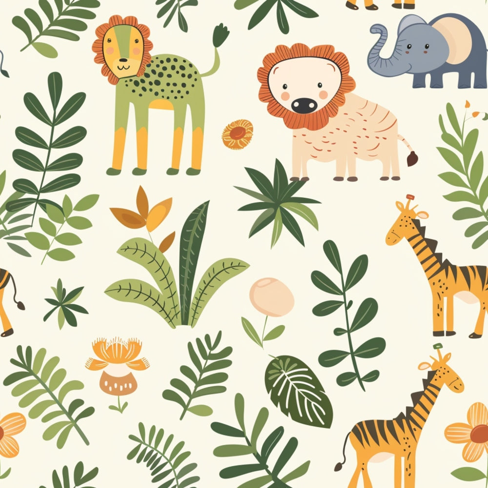 baby safari, jungle animals, lion, elephant, giraffe, tropical plants, palm leaves, botanical elements, cream background, green foliage, orange accents, yellow tones, cute cartoon style, nursery theme,, fabric panel, seamless pattern, children's fabric, safari adventure, tropical flora