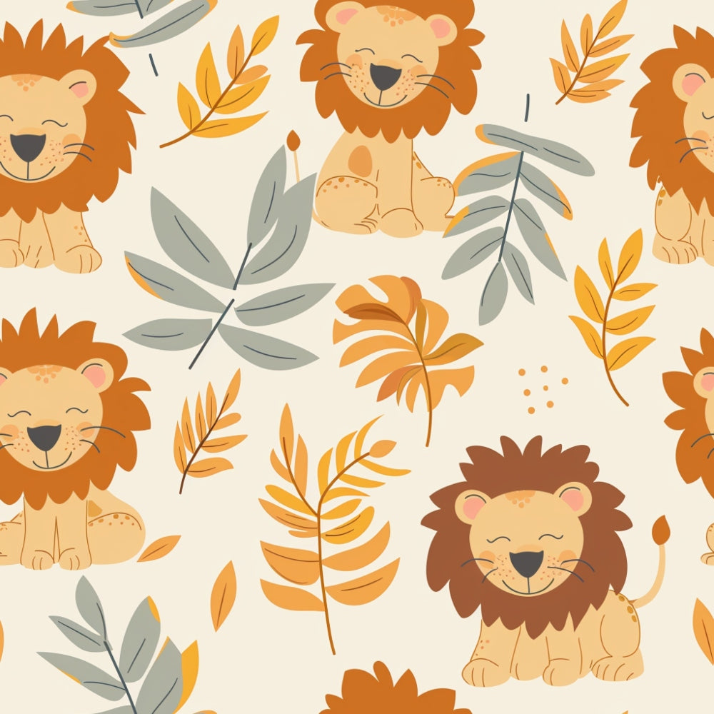 baby lions, safari animals, orange manes, cream background, tropical leaves, palm fronds, sage green foliage, warm orange tones, cute cartoon style, smiling faces,, fabric panel, nursery theme, jungle pattern, playful design, soft pastels, children's fabric, animal print, whimsical illustration, baby quilt material