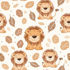 baby lions, safari animals, beige background, brown leaves, golden yellow, cream colors, cute cartoon style, peaceful expression, closed eyes, smiling faces, leaf pattern,, fabric panel, nursery theme, african wildlife, baby animals, soft pastels, whimsical design, children's fabric, nature motifs