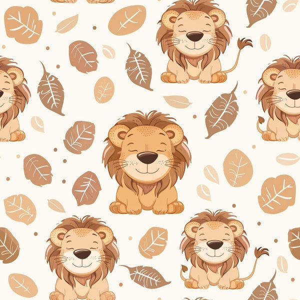 baby lions, safari animals, beige background, brown leaves, golden yellow, cream colors, cute cartoon style, peaceful expression, closed eyes, smiling faces, leaf pattern,, fabric panel, nursery theme, african wildlife, baby animals, soft pastels, whimsical design, children's fabric, nature motifs