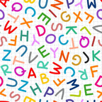 back to school, alphabet letters, multicolored letters, red, blue, green, yellow, orange, purple, pink, teal, grid background, educational theme, children's fabric,, fabric panel, bright colors, learning motif, school supplies theme, geometric letters, playful design