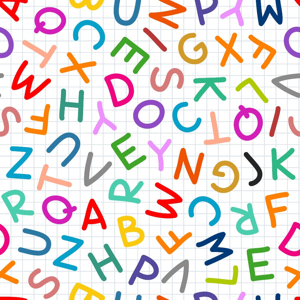 back to school, alphabet letters, multicolored letters, red, blue, green, yellow, orange, purple, pink, teal, grid background, educational theme, children's fabric,, fabric panel, bright colors, learning motif, school supplies theme, geometric letters, playful design