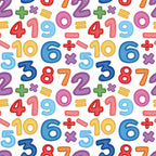 back to school, numbers, math symbols, addition signs, subtraction signs, multiplication signs, division signs, colorful digits, educational pattern, bright colors, red numbers, blue numbers, yellow numbers, purple numbers, green symbols, pink circles, orange numerals,, fabric panel, classroom theme, learning motifs, mathematical elements, school supplies pattern, primary colors, children's fabric