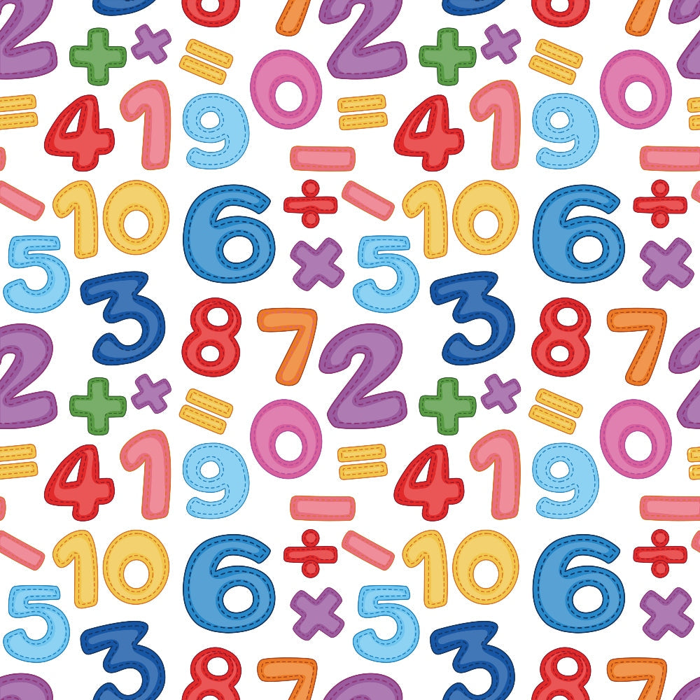 back to school, numbers, math symbols, addition signs, subtraction signs, multiplication signs, division signs, colorful digits, educational pattern, bright colors, red numbers, blue numbers, yellow numbers, purple numbers, green symbols, pink circles, orange numerals,, fabric panel, classroom theme, learning motifs, mathematical elements, school supplies pattern, primary colors, children's fabric