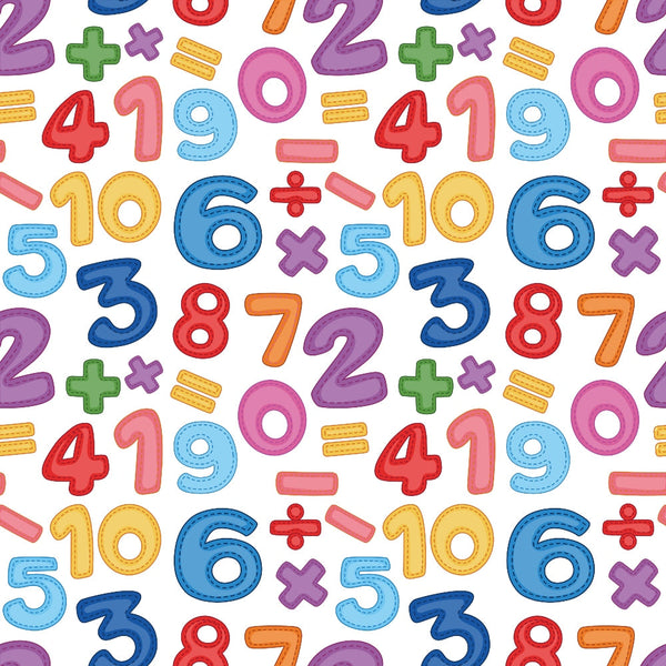 back to school, numbers, math symbols, addition signs, subtraction signs, multiplication signs, division signs, colorful digits, educational pattern, bright colors, red numbers, blue numbers, yellow numbers, purple numbers, green symbols, pink circles, orange numerals,, fabric panel, classroom theme, learning motifs, mathematical elements, school supplies pattern, primary colors, children's fabric