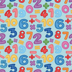 numbers, math symbols, addition signs, multiplication signs, division signs, bright colors, red, blue, yellow, pink, purple, orange, green, educational theme, school pattern, mathematics, arithmetic, playful design, repeating pattern,, fabric panel, children's fabric, learning motifs, colorful numbers, back to school
