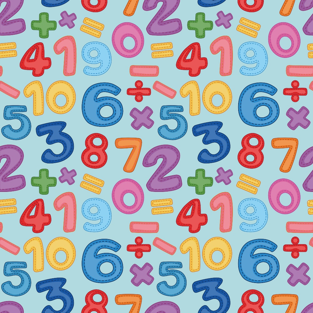 numbers, math symbols, addition signs, multiplication signs, division signs, bright colors, red, blue, yellow, pink, purple, orange, green, educational theme, school pattern, mathematics, arithmetic, playful design, repeating pattern,, fabric panel, children's fabric, learning motifs, colorful numbers, back to school