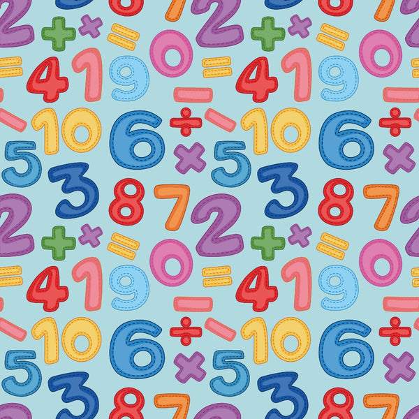 numbers, math symbols, addition signs, multiplication signs, division signs, bright colors, red, blue, yellow, pink, purple, orange, green, educational theme, school pattern, mathematics, arithmetic, playful design, repeating pattern,, fabric panel, children's fabric, learning motifs, colorful numbers, back to school