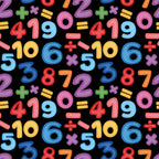 back to school, numbers, math symbols, plus signs, minus signs, multiplication signs, division signs, colorful digits, black background, bright colors, red, blue, yellow, green, purple, pink, orange, educational theme, learning pattern,, fabric panel, repeating pattern, children's fabric, school supplies theme