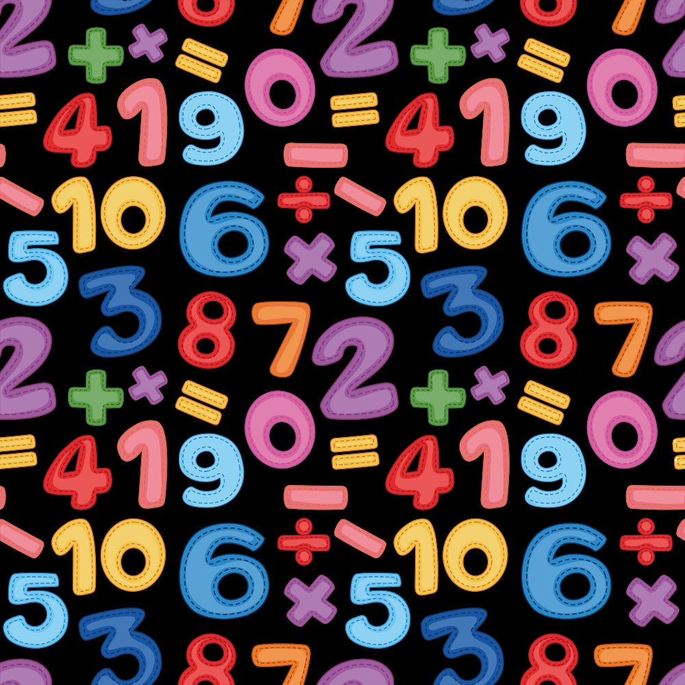 back to school, numbers, math symbols, plus signs, minus signs, multiplication signs, division signs, colorful digits, black background, bright colors, red, blue, yellow, green, purple, pink, orange, educational theme, learning pattern,, fabric panel, repeating pattern, children's fabric, school supplies theme