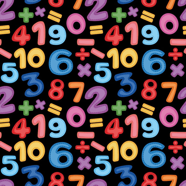 back to school, numbers, math symbols, plus signs, minus signs, multiplication signs, division signs, colorful digits, black background, bright colors, red, blue, yellow, green, purple, pink, orange, educational theme, learning pattern,, fabric panel, repeating pattern, children's fabric, school supplies theme