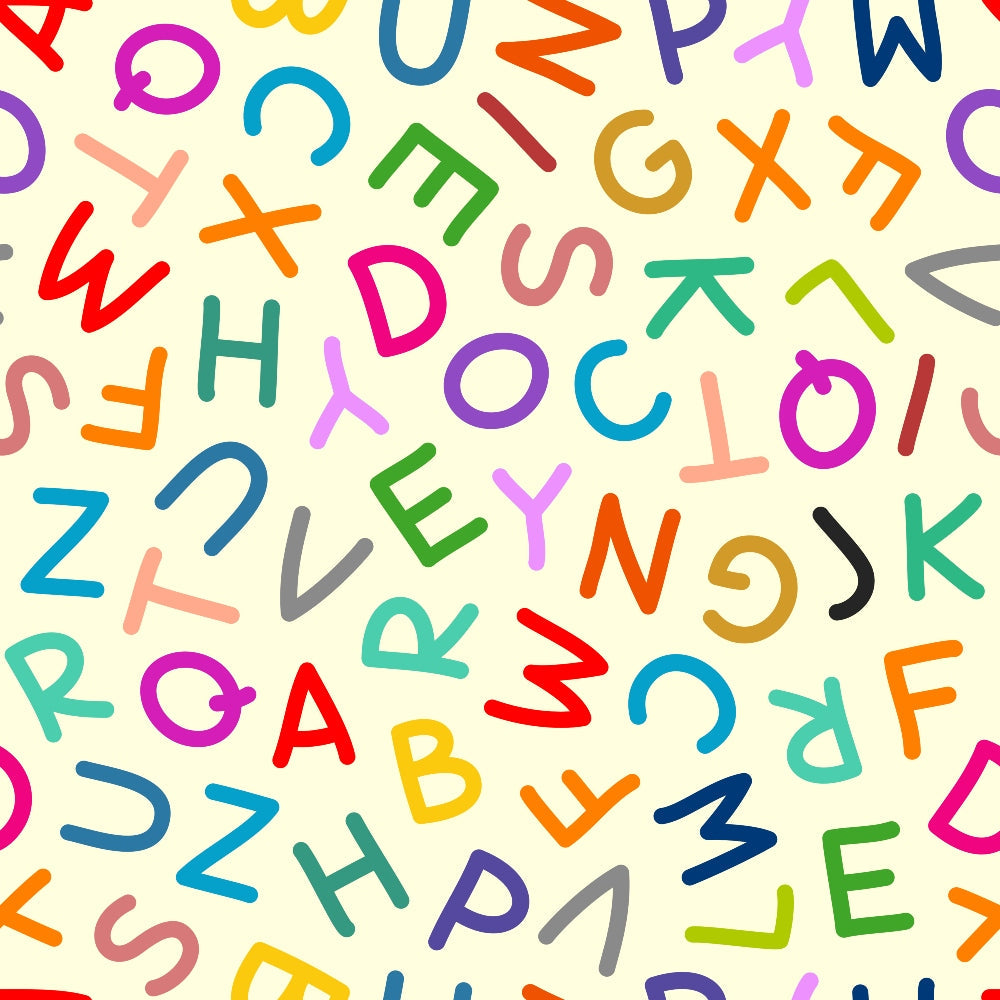 colorful letters, alphabet pattern, scattered text, multicolored design, educational theme, back to school, children's fabric, bright colors, random lettering,, fabric panel, learning motif, vibrant hues, playful design, school supplies theme, mixed fonts, cheerful pattern, craft fabric, sewing material, juvenile print