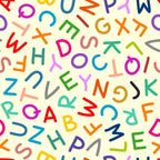 colorful letters, alphabet pattern, scattered text, multicolored design, educational theme, back to school, children's fabric, bright colors, random lettering,, fabric panel, learning motif, vibrant hues, playful design, school supplies theme, mixed fonts, cheerful pattern, craft fabric, sewing material, juvenile print
