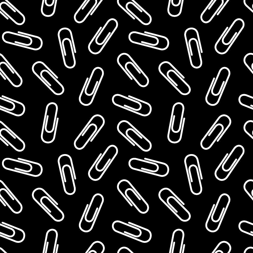 black background, white paperclips, office supplies, school supplies, geometric pattern, repeating design, monochrome,, fabric panel, back to school, minimalist style, scattered arrangement, stationery theme, educational motif, craft supplies, sewing fabric, contemporary pattern, academic theme