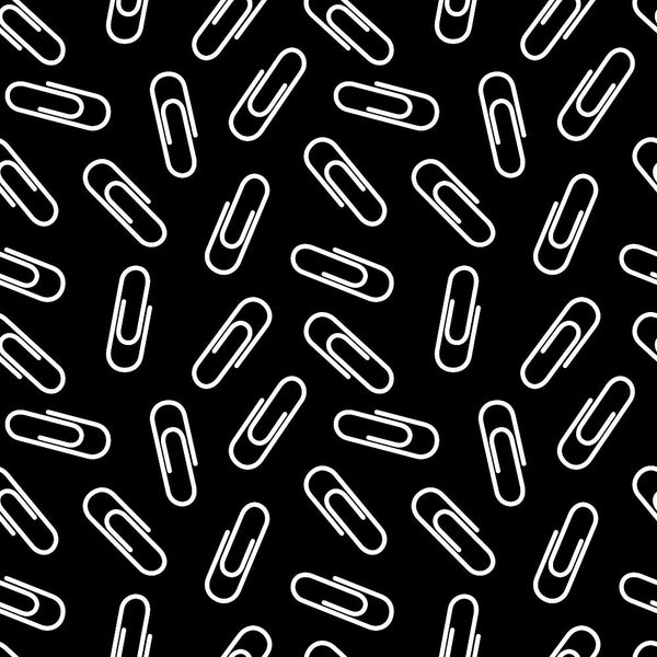 black background, white paperclips, office supplies, school supplies, geometric pattern, repeating design, monochrome,, fabric panel, back to school, minimalist style, scattered arrangement, stationery theme, educational motif, craft supplies, sewing fabric, contemporary pattern, academic theme