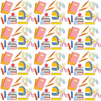 back to school, school supplies, educational theme, pink notebooks, yellow backpacks, blue backpacks, orange pencils, red apples, colorful paperclips, pink scissors, yellow rulers, book stacks, pencil holders, repeating pattern, bright colors, student accessories,, fabric panel, cheerful design, classroom items