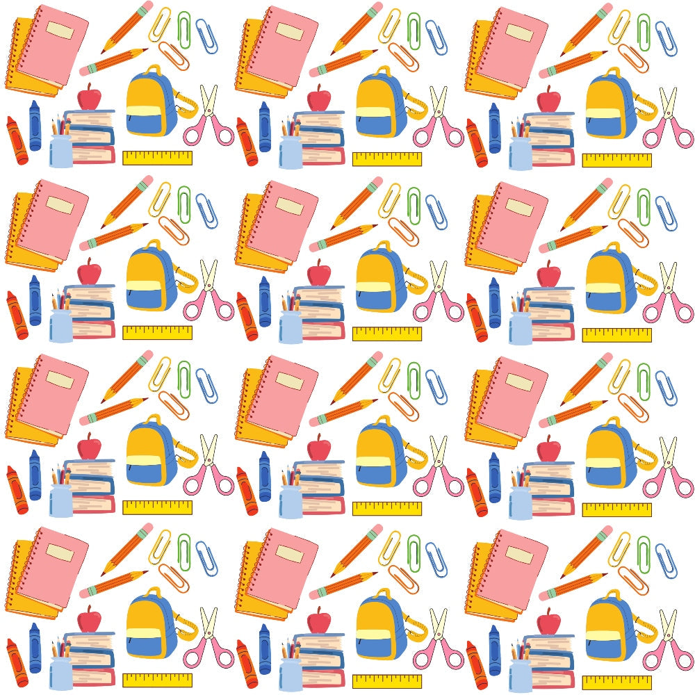 back to school, school supplies, educational theme, pink notebooks, yellow backpacks, blue backpacks, orange pencils, red apples, colorful paperclips, pink scissors, yellow rulers, book stacks, pencil holders, repeating pattern, bright colors, student accessories,, fabric panel, cheerful design, classroom items