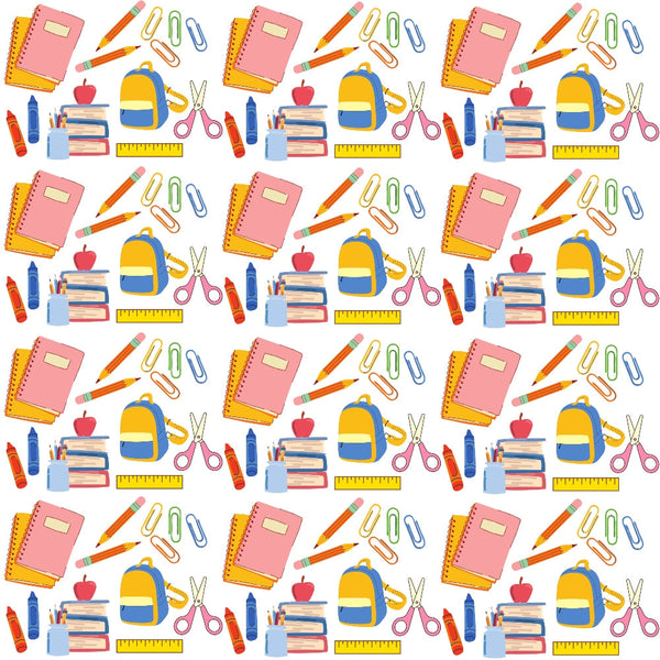 back to school, school supplies, educational theme, pink notebooks, yellow backpacks, blue backpacks, orange pencils, red apples, colorful paperclips, pink scissors, yellow rulers, book stacks, pencil holders, repeating pattern, bright colors, student accessories,, fabric panel, cheerful design, classroom items
