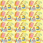 yellow background, school supplies, notebooks, pencils, scissors, backpack, apple, ruler, paper clips, crayons, pink, blue, orange, red, green, repeating pattern, back to school, educational theme,, fabric panel, children's fabric, bright colors, stationery items
