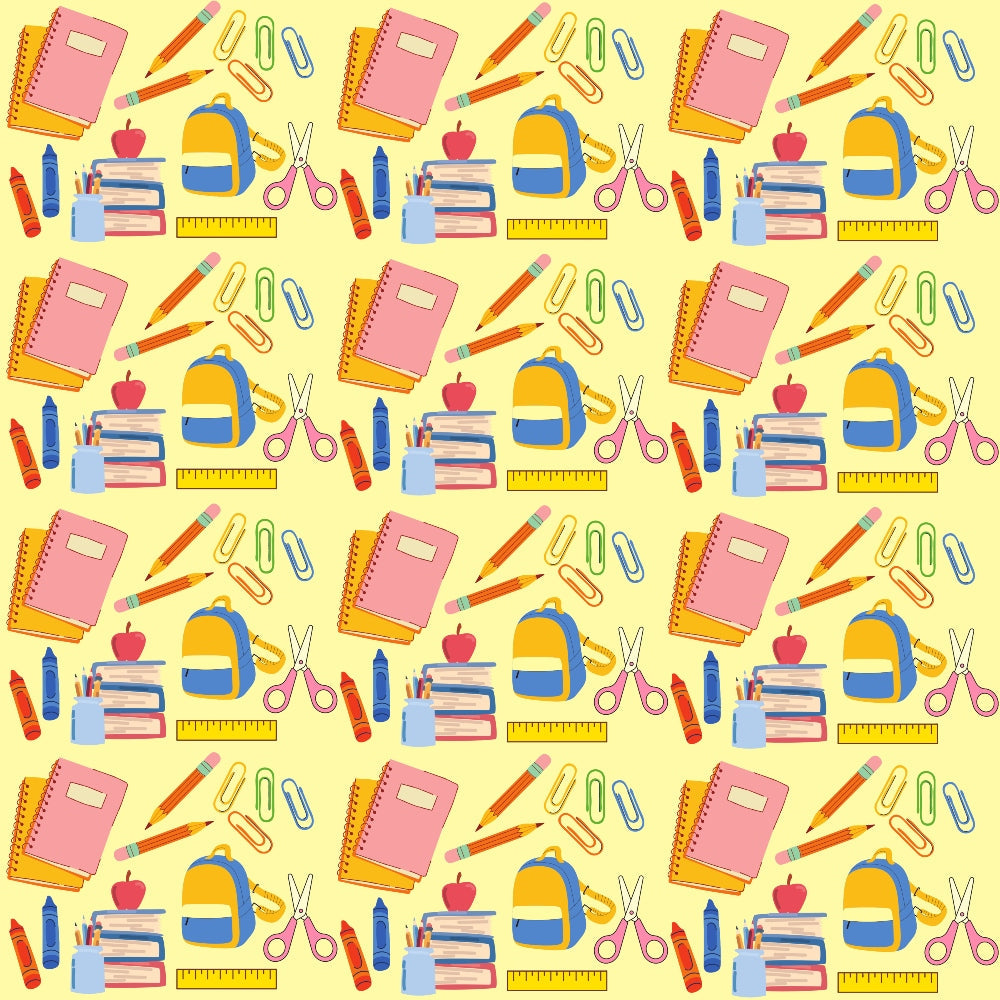 yellow background, school supplies, notebooks, pencils, scissors, backpack, apple, ruler, paper clips, crayons, pink, blue, orange, red, green, repeating pattern, back to school, educational theme,, fabric panel, children's fabric, bright colors, stationery items
