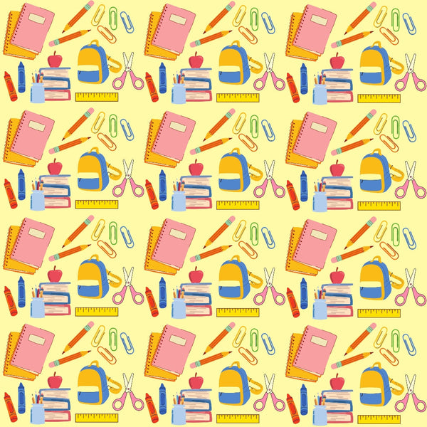 yellow background, school supplies, notebooks, pencils, scissors, backpack, apple, ruler, paper clips, crayons, pink, blue, orange, red, green, repeating pattern, back to school, educational theme,, fabric panel, children's fabric, bright colors, stationery items