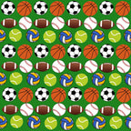 sports balls, soccer ball, basketball, football, baseball, tennis ball, volleyball, green background, repeating pattern, athletic theme, school sports,, fabric panel, orange, white, brown, yellow, blue, lime green, geometric arrangement, sports equipment