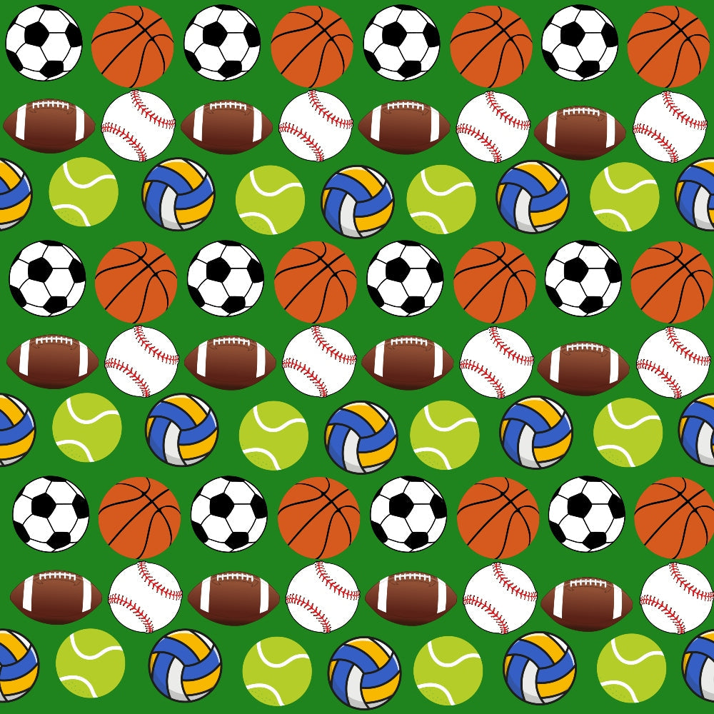 sports balls, soccer ball, basketball, football, baseball, tennis ball, volleyball, green background, repeating pattern, athletic theme, school sports,, fabric panel, orange, white, brown, yellow, blue, lime green, geometric arrangement, sports equipment