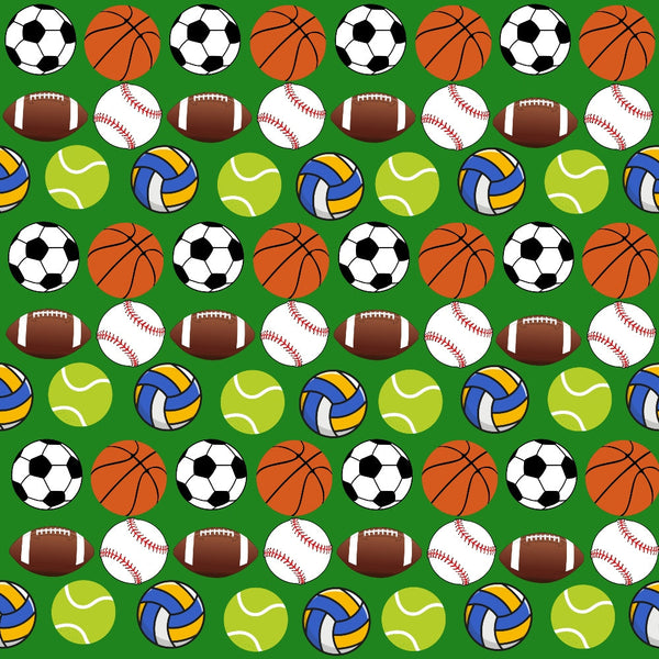 sports balls, soccer ball, basketball, football, baseball, tennis ball, volleyball, green background, repeating pattern, athletic theme, school sports,, fabric panel, orange, white, brown, yellow, blue, lime green, geometric arrangement, sports equipment