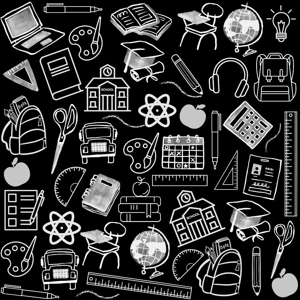 black background, white illustrations, school supplies, educational icons, laptop computer, paint palette, graduation cap, school building, atomic symbol, apple, calculator, scissors, ruler, protractor, backpack, books, pencils, globe, lightbulb, headphones, school bus, calendar, chalkboard,, back to school, monochrome pattern, line art style, academic theme, student essentials