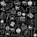 black background, white illustrations, school supplies, educational icons, laptop computer, paint palette, graduation cap, school building, atomic symbol, apple, calculator, scissors, ruler, protractor, backpack, books, pencils, globe, lightbulb, headphones, school bus, calendar, chalkboard,, back to school, monochrome pattern, line art style, academic theme, student essentials