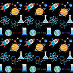space theme, rocket ships, planets, atoms, molecules, chemistry beakers, molecular structures, earth globe, scientific instruments, black background, bright colors, blue, orange, pink, green, purple, educational motifs, science pattern,, fabric panel, stem theme, back to school, repeating pattern, colorful icons