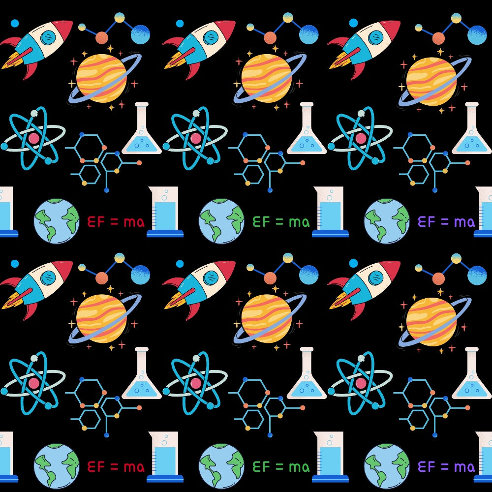 space theme, rocket ships, planets, atoms, molecules, chemistry beakers, molecular structures, earth globe, scientific instruments, black background, bright colors, blue, orange, pink, green, purple, educational motifs, science pattern,, fabric panel, stem theme, back to school, repeating pattern, colorful icons