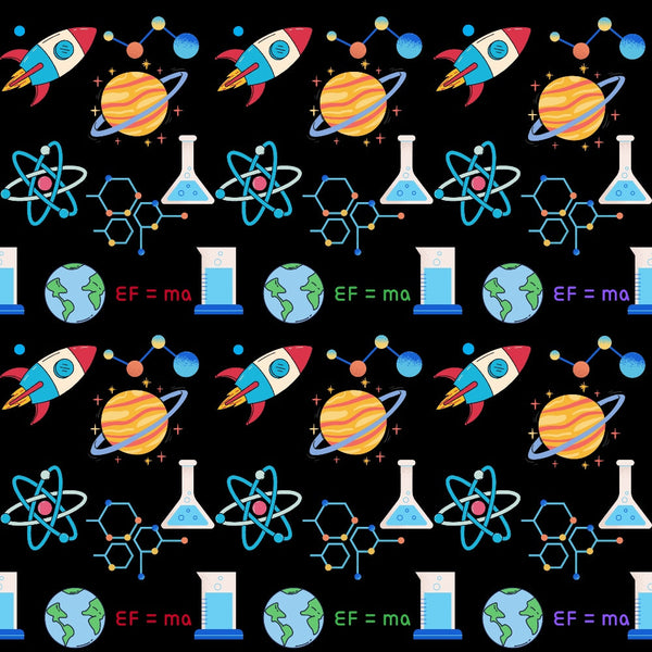 space theme, rocket ships, planets, atoms, molecules, chemistry beakers, molecular structures, earth globe, scientific instruments, black background, bright colors, blue, orange, pink, green, purple, educational motifs, science pattern,, fabric panel, stem theme, back to school, repeating pattern, colorful icons