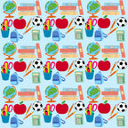 back to school, educational elements, school supplies, globe, books, apple, soccer ball, scissors, calculator, backpack, pencil holder, bright colors, red, blue, green, orange, yellow, repeating pattern,, fabric panel, classroom theme, student motifs