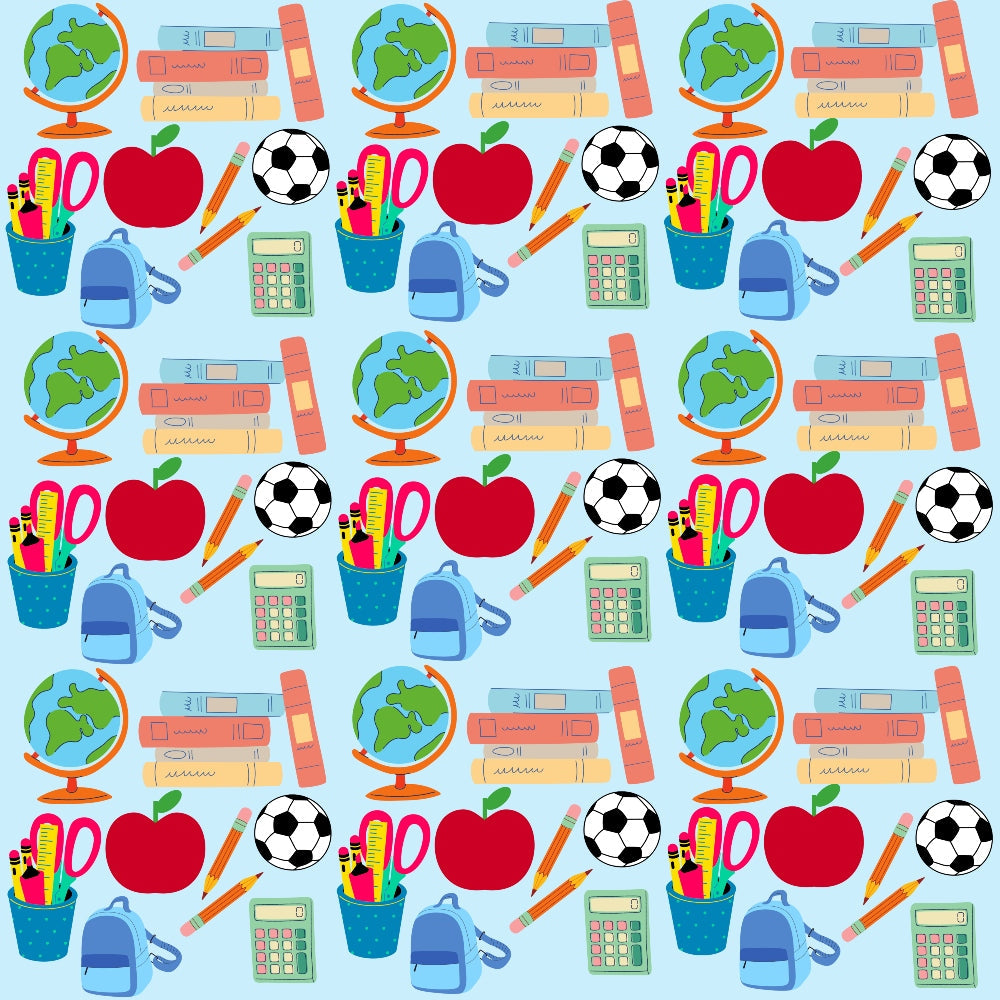 back to school, educational elements, school supplies, globe, books, apple, soccer ball, scissors, calculator, backpack, pencil holder, bright colors, red, blue, green, orange, yellow, repeating pattern,, fabric panel, classroom theme, student motifs