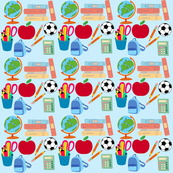 back to school, educational elements, school supplies, globe, books, apple, soccer ball, scissors, calculator, backpack, pencil holder, bright colors, red, blue, green, orange, yellow, repeating pattern,, fabric panel, classroom theme, student motifs