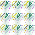 fabric panel, back to school, school supplies, geometric tools, protractor, ruler, compass, triangle ruler, eraser, pencil, yellow, green, purple, pink, blue, grid background, educational theme, math tools, repeating pattern, drafting supplies, student supplies, geometric pattern