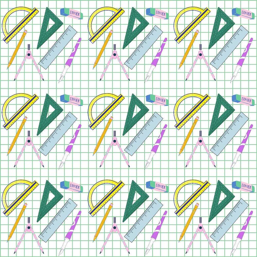 fabric panel, back to school, school supplies, geometric tools, protractor, ruler, compass, triangle ruler, eraser, pencil, yellow, green, purple, pink, blue, grid background, educational theme, math tools, repeating pattern, drafting supplies, student supplies, geometric pattern