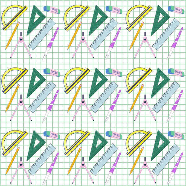 fabric panel, back to school, school supplies, geometric tools, protractor, ruler, compass, triangle ruler, eraser, pencil, yellow, green, purple, pink, blue, grid background, educational theme, math tools, repeating pattern, drafting supplies, student supplies, geometric pattern